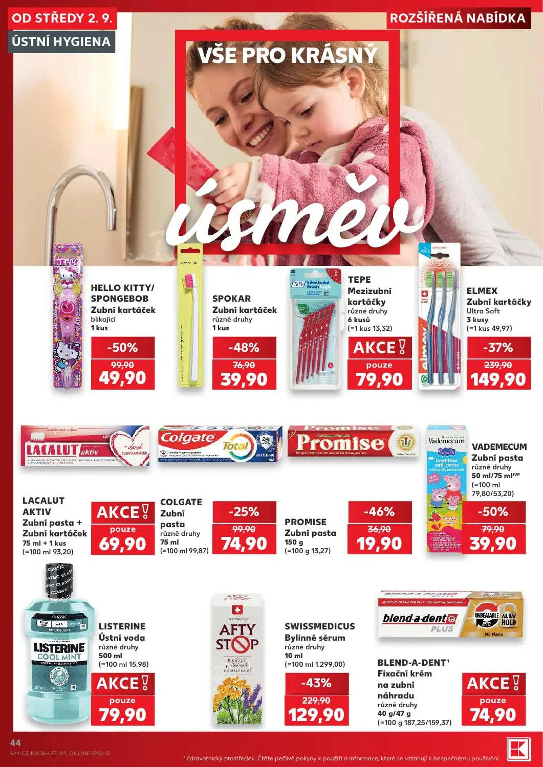 Kaufland leták, strana 44 z 54 — ELMEX Zubní kartáčky Ultra Soft, SPOKAR Zubní kartáček, COLGATE Zubní pasta