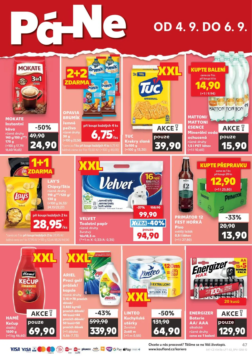 Kaufland leták, strana 47 z 54 — VELVET Toaletní papír různé druhy 3vrstvý, LAY'S Chipsy/Stix různé druhy, HAMÉ Kečup sladký