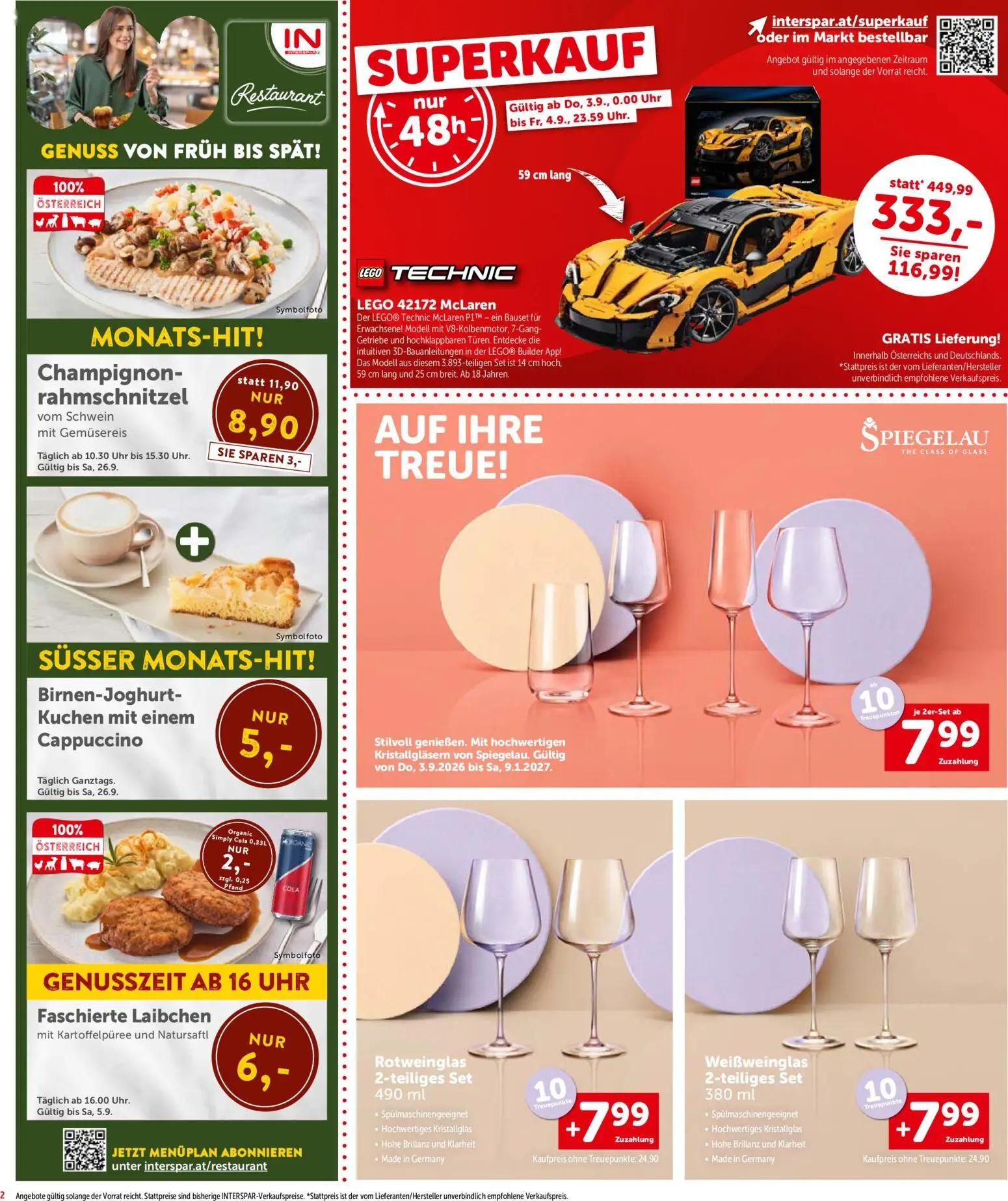 Interspar Prospekt, Seite 2 von 17 — LEGO 42172 McLaren, Champignonrahmschnitzel vom Schwein mit Gemüsereis, Birnen-Joghurt-…