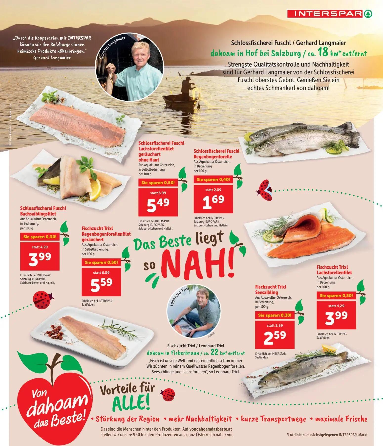 Interspar Prospekt, Seite 5 von 17 — Schlossfischerei Fuschl Lachsforellenfilet geräuchert ohne Haut, Fischzucht Trixl Regen…