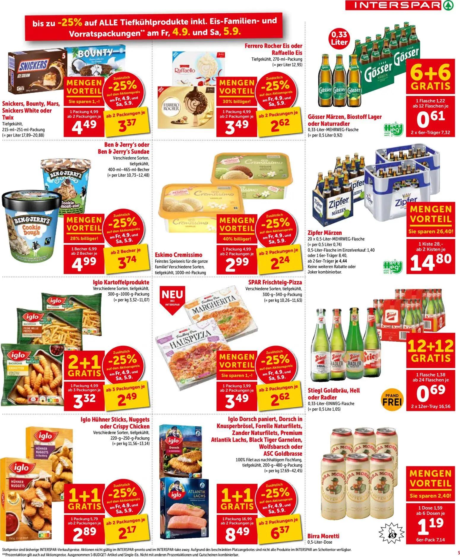 Interspar Prospekt, Seite 6 von 17 — Zipfer Märzen, Iglo Dorsch paniert, Dorsch in Knusperbrösel, Forelle Naturfilets, Zande…