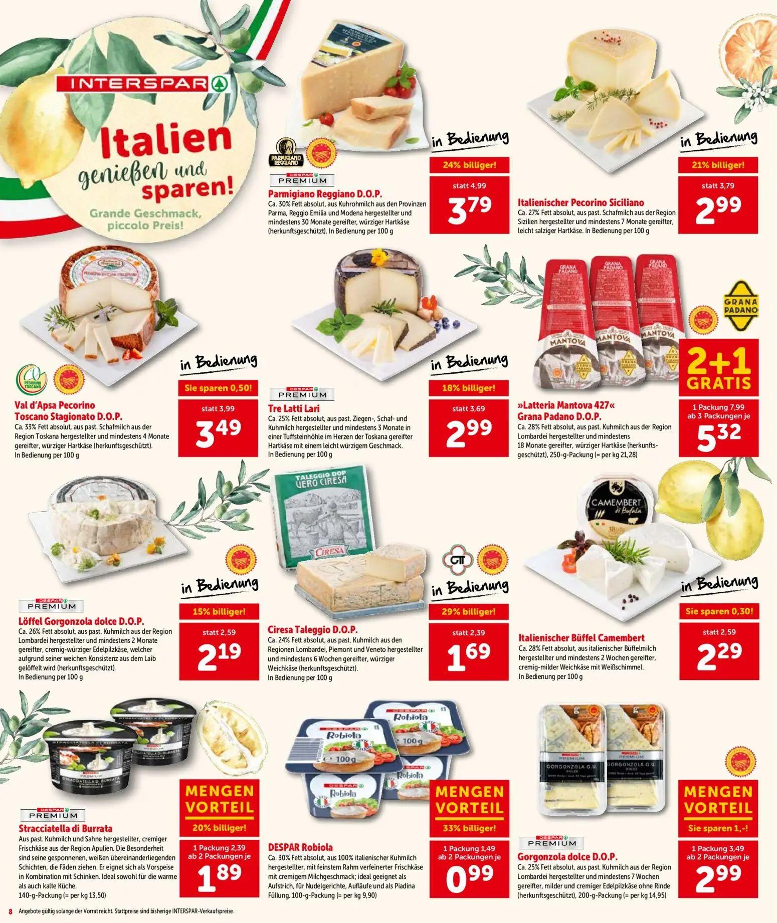 Interspar Prospekt, Seite 9 von 17 — >>>Latteria Mantova 427<<< Grana Padano D.O.P., Parmigiano Reggiano D.O.P., Italienisch…