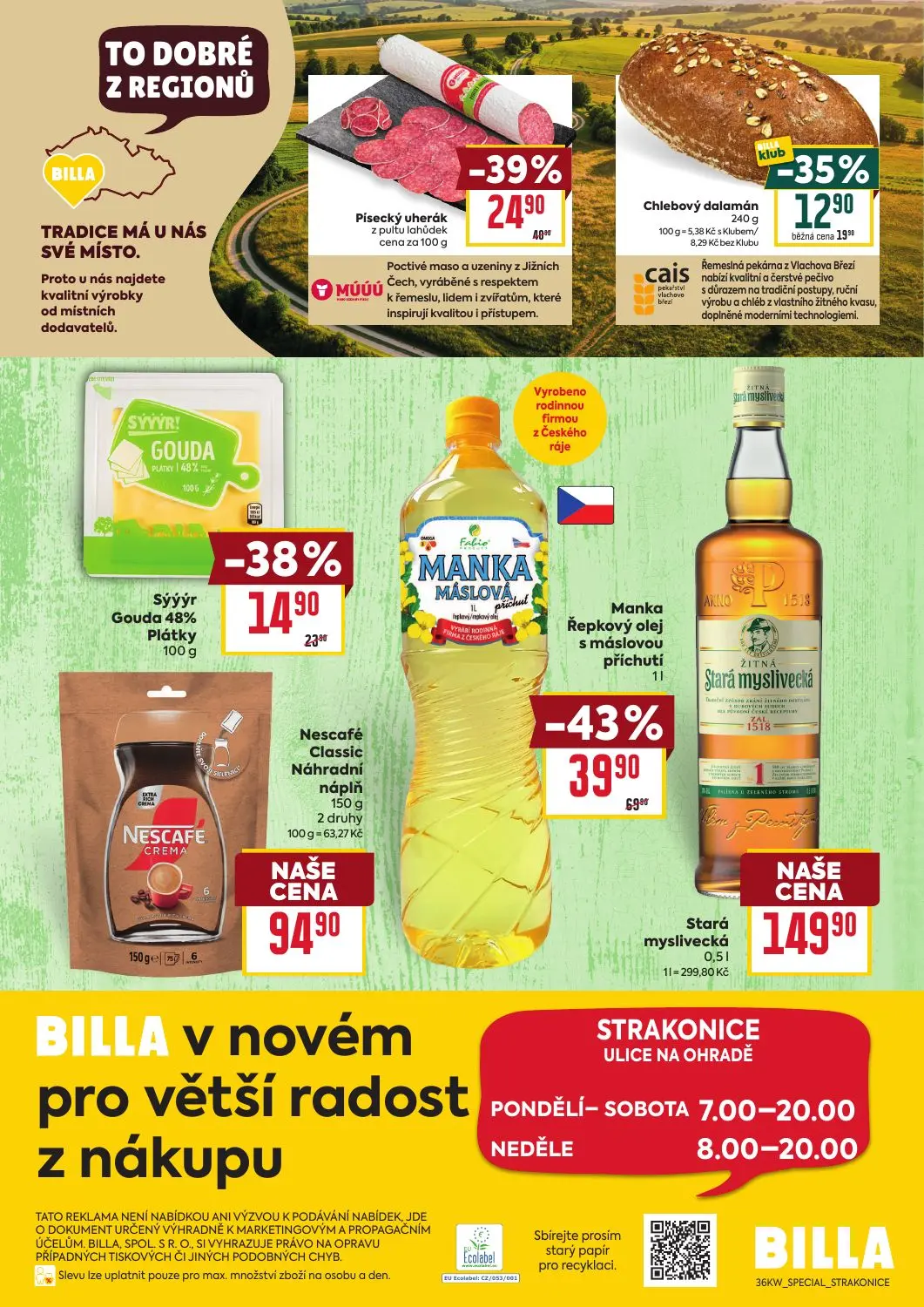 Billa leták, strana 2 z 2 — Manka Řepkový olej s máslovou příchutí, Písecký uherák z pultu lahůdek, Sýýýr Gouda 48%