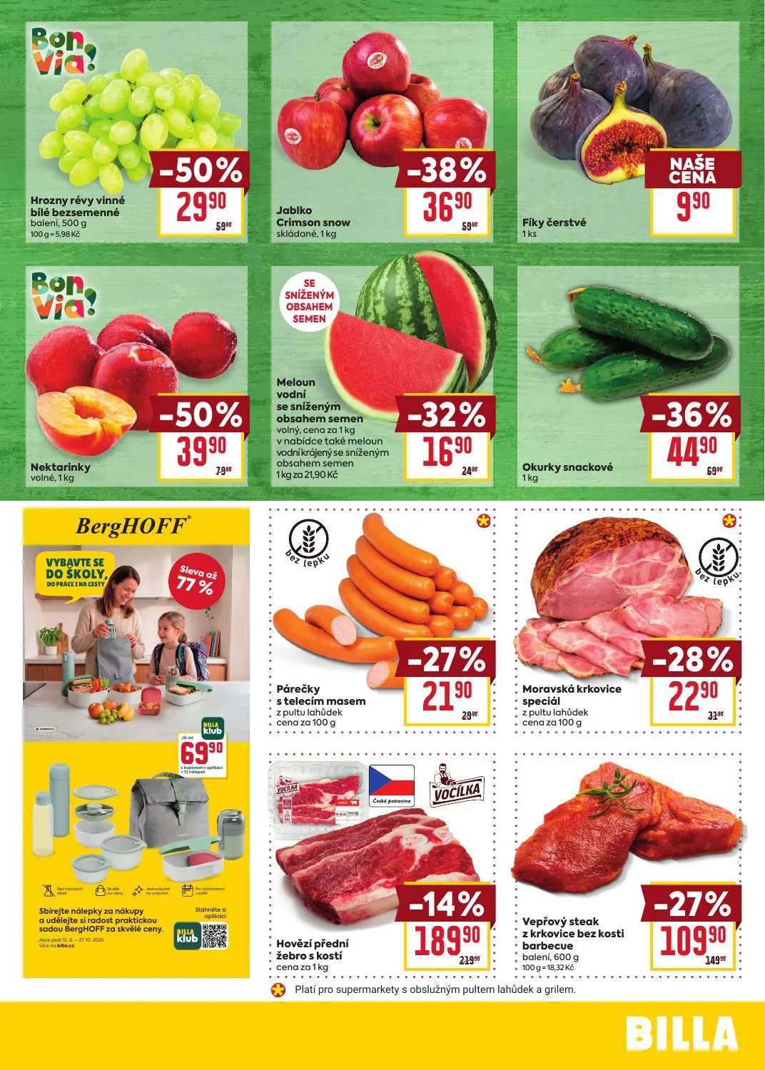 Billa leták, strana 3 z 8 — Vepřový steak z krkovice bez kosti barbecue, Nektarinky, Hrozny révy vinné bílé bezsemenné