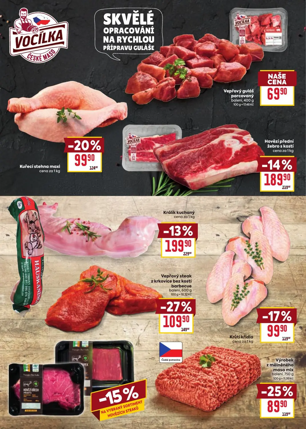 Billa leták, strana 3 z 39 — Vepřový steak z krkovice bez kosti barbecue, Hovězí přední žebro s kostí, Králík kuchaný