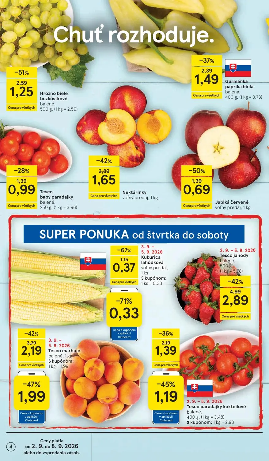 Tesco Supermarket leták, strana 4 z 29 — Tesco jahody balené, Tesco marhule balené, Hrozno biele bezkôstkové balené
