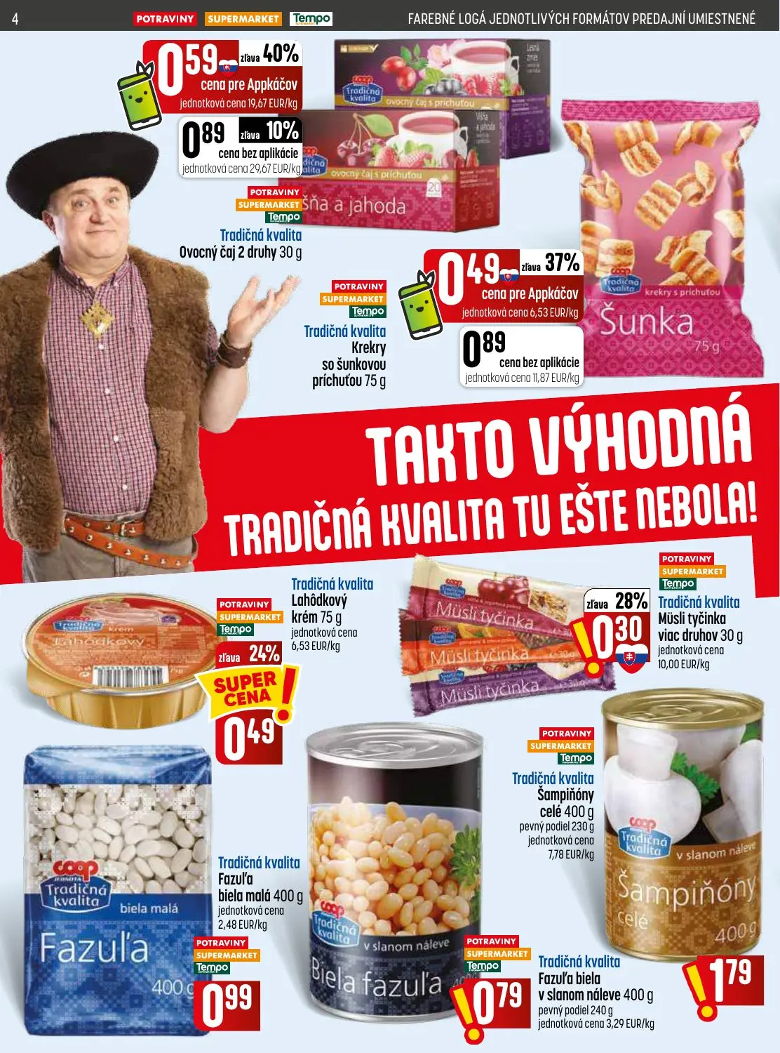 Coop Jednota leták, strana 4 z 32 — Krekry so šunkovou príchuťou, Ovocný čaj s príchuťou, Ovocný čaj 2 druhy