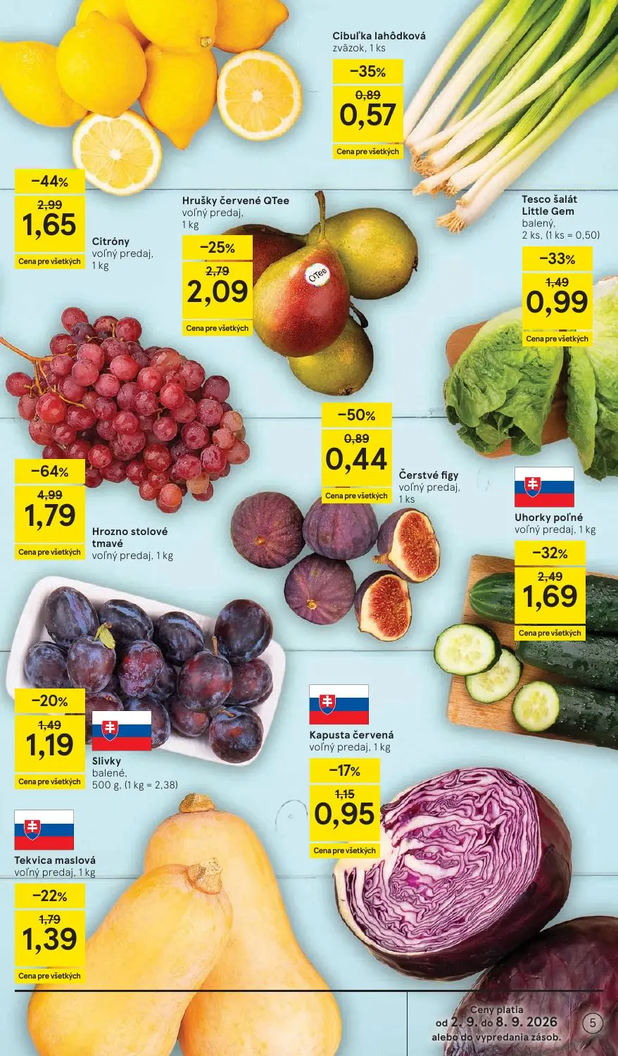 Tesco Supermarket leták, strana 5 z 29 — Hrozno stolové tmavé, Citróny, Uhorky poľné