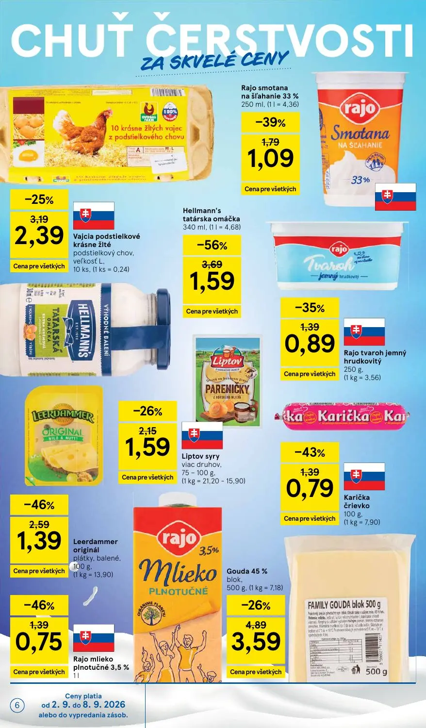 Tesco leták, strana 6 z 41 — Vajcia podstielkové krásne žlté podstielkový chov, veľkosť L., Rajo smotana na šľahanie 33%, Ra…