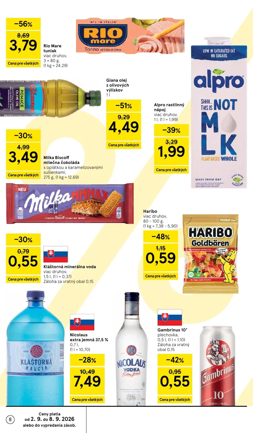 Tesco leták, strana 8 z 41 — Rio Mare tuniak, Giana olej z olivových výliskov, Milka Biscoff mliečna čokoláda