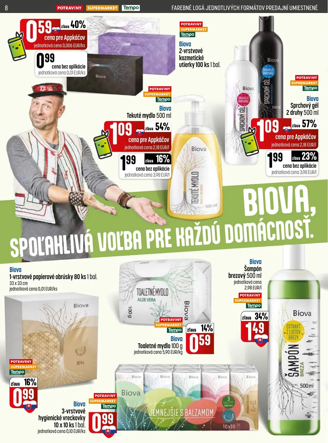 Coop Jednota leták, strana 8 z 32 — Biova Tekuté mydlo, Biova Sprchový gél 2 druhy, Biova Šampón brezový