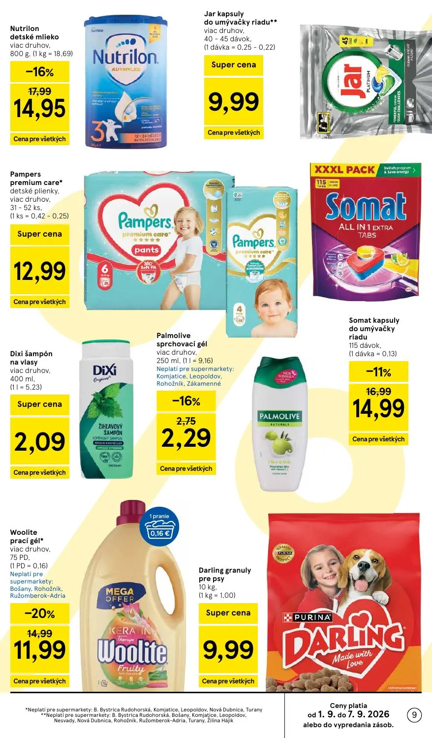 Tesco Supermarket leták, strana 9 z 29 — Nutrilon detské mlieko viac druhov,, Somat kapsuly do umývačky riadu, Jar kapsuly d…