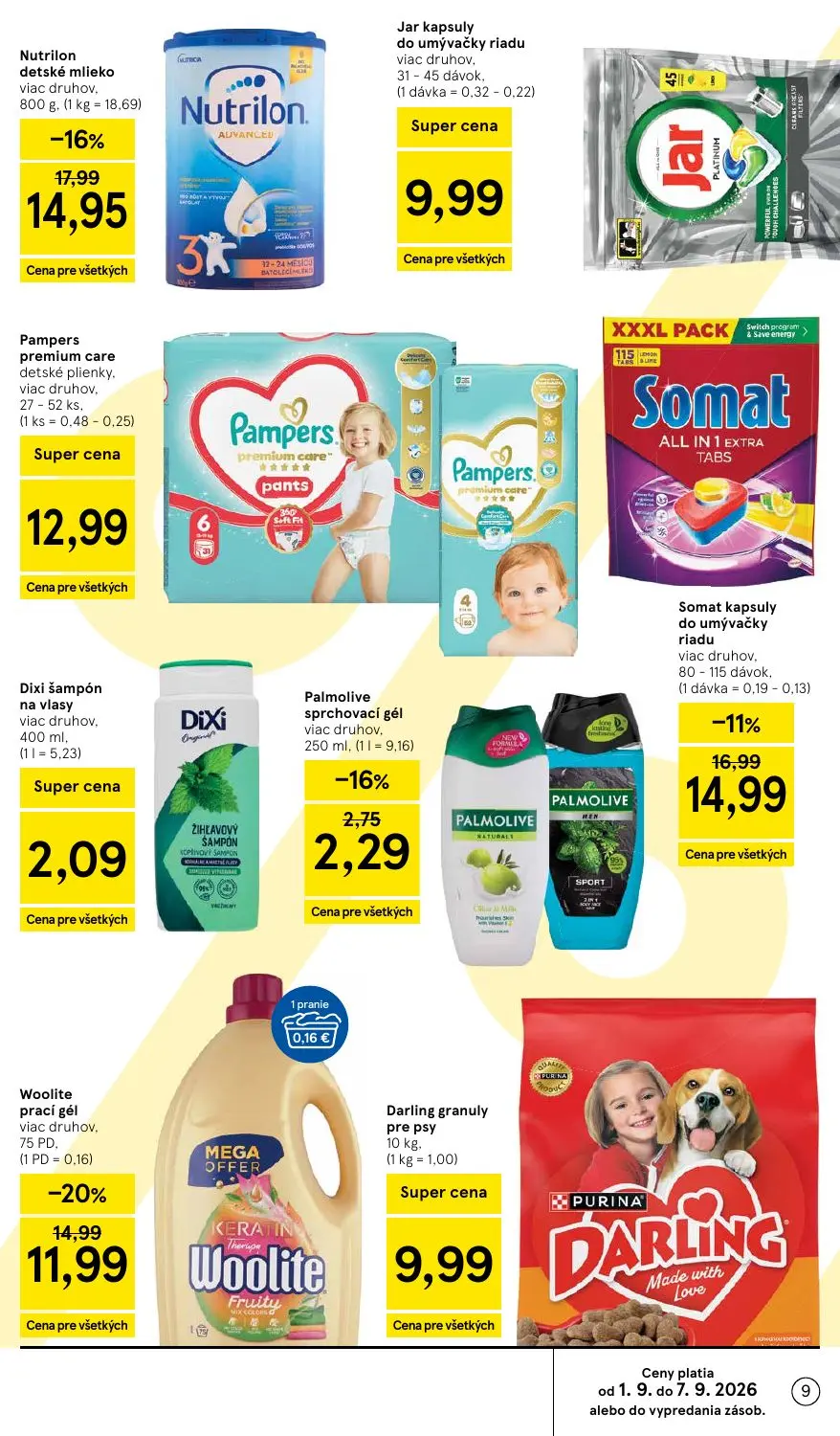 Tesco leták, strana 9 z 41 — Nutrilon detské mlieko, Woolite prací gél, Somat kapsuly do umývačky riadu