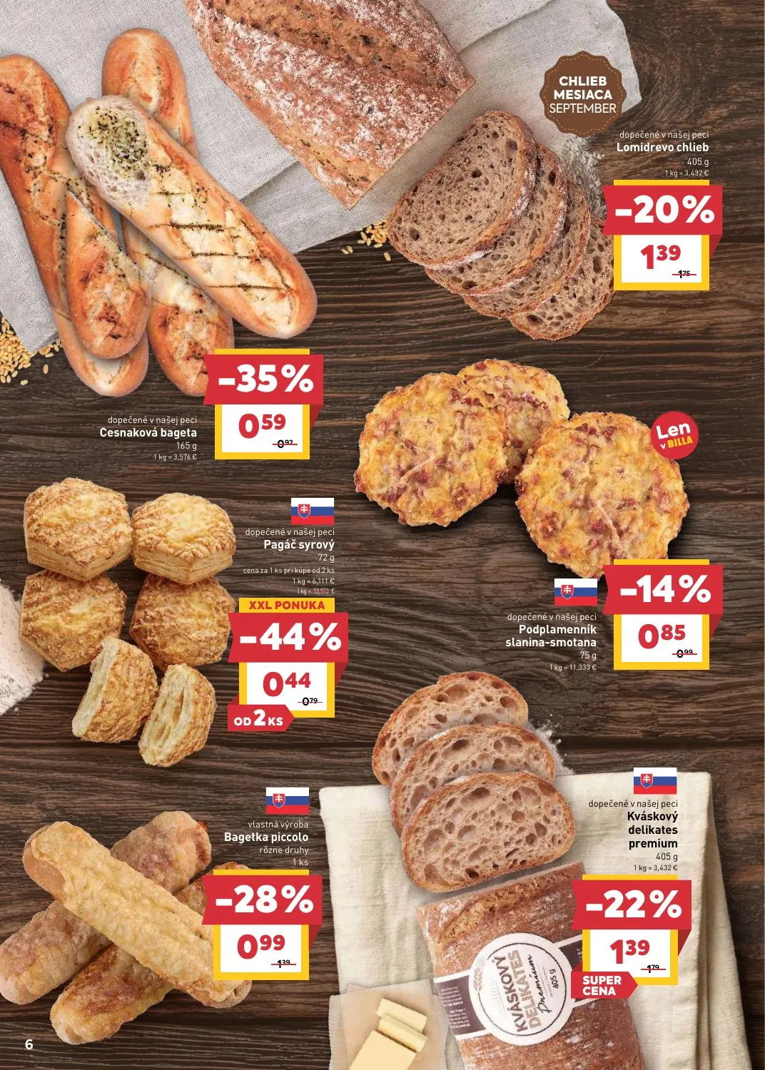 Billa leták, strana 6 z 31 — Bagetka piccolo, Kváskový delikates premium, Lomidrevo chlieb