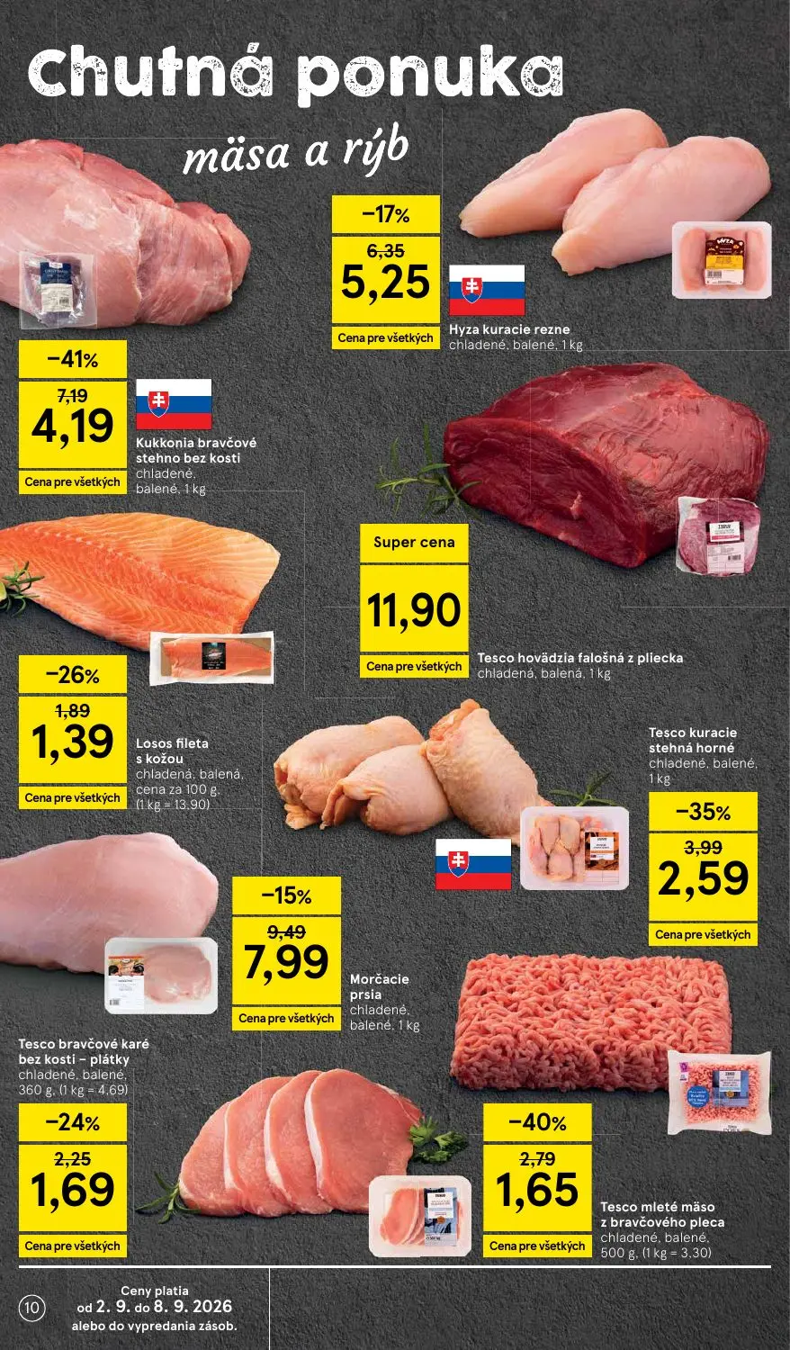 Tesco Supermarket leták, strana 10 z 29 — Kukkonia bravčové stehno bez kosti chladené, balené, Morčacie prsia chladené, bale…