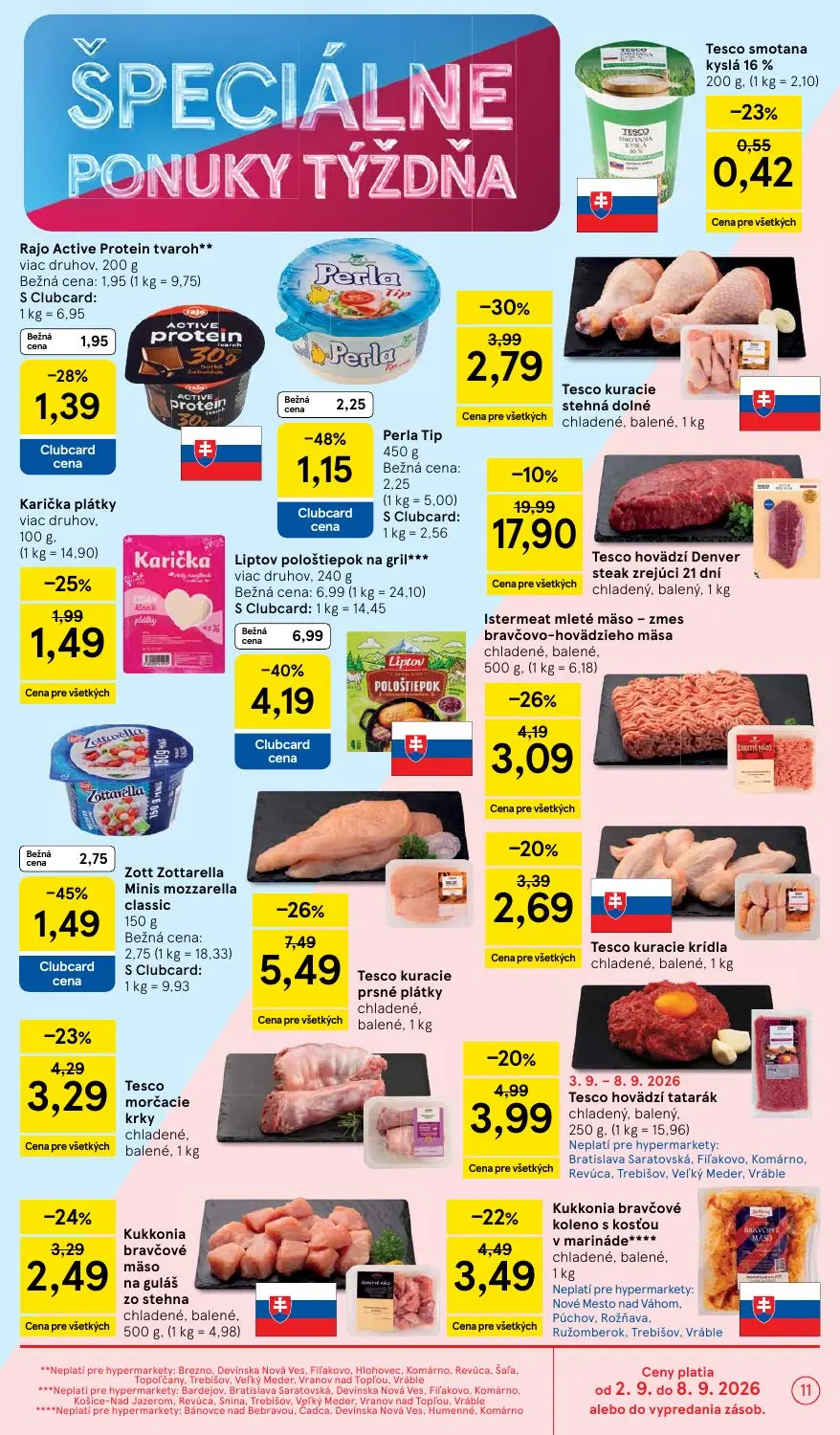 Tesco leták, strana 11 z 41 — Liptov pološtiepok na gril***, Tesco hovädzí Denver steak zrejúci 21 dní, Tesco kuracie prsné …