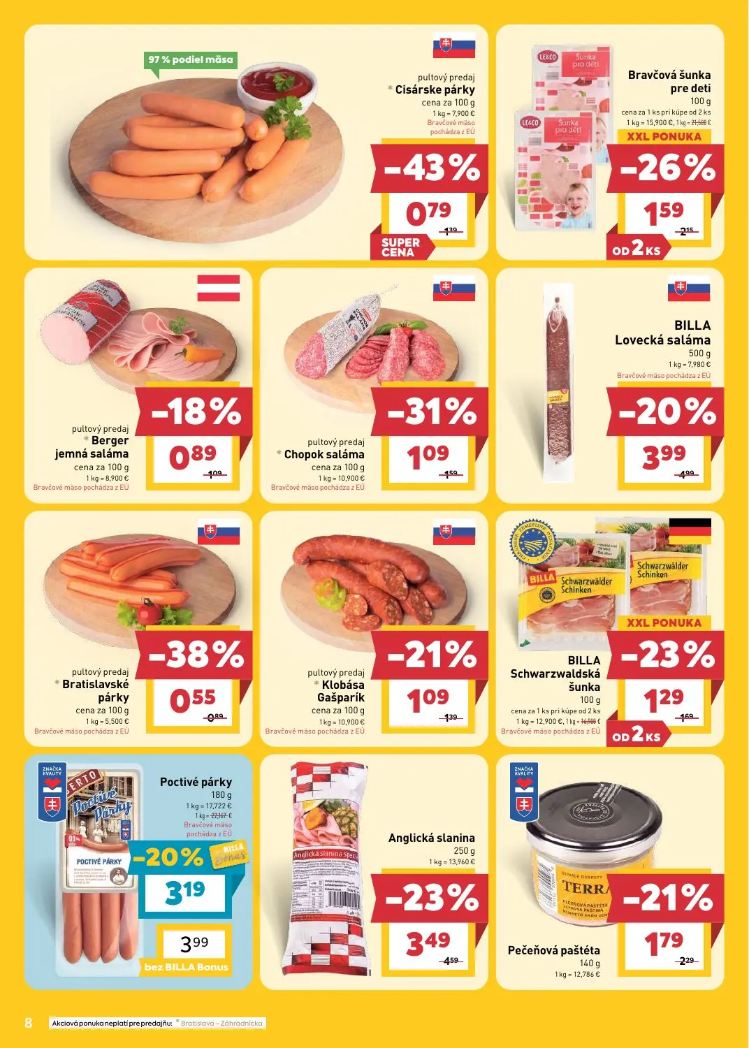 Billa leták, strana 8 z 31 — Anglická slanina, BILLA Lovecká saláma, Poctivé párky