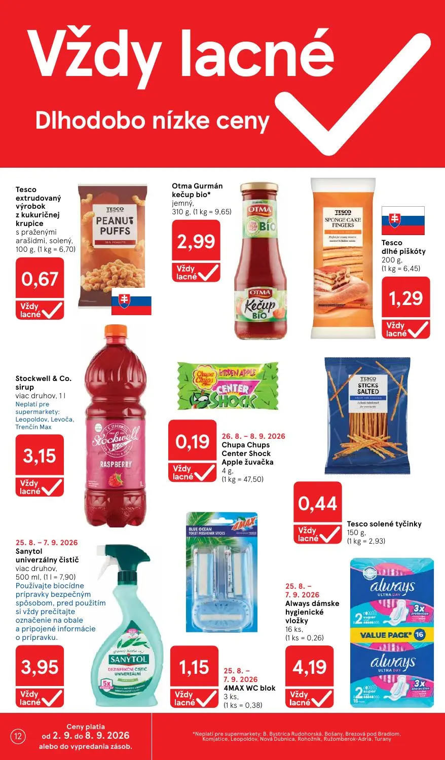 Tesco Supermarket leták, strana 12 z 29 — Tesco extrudovaný výrobok z kukuričnej krupice s praženými arašidmi, solený, Tesco…
