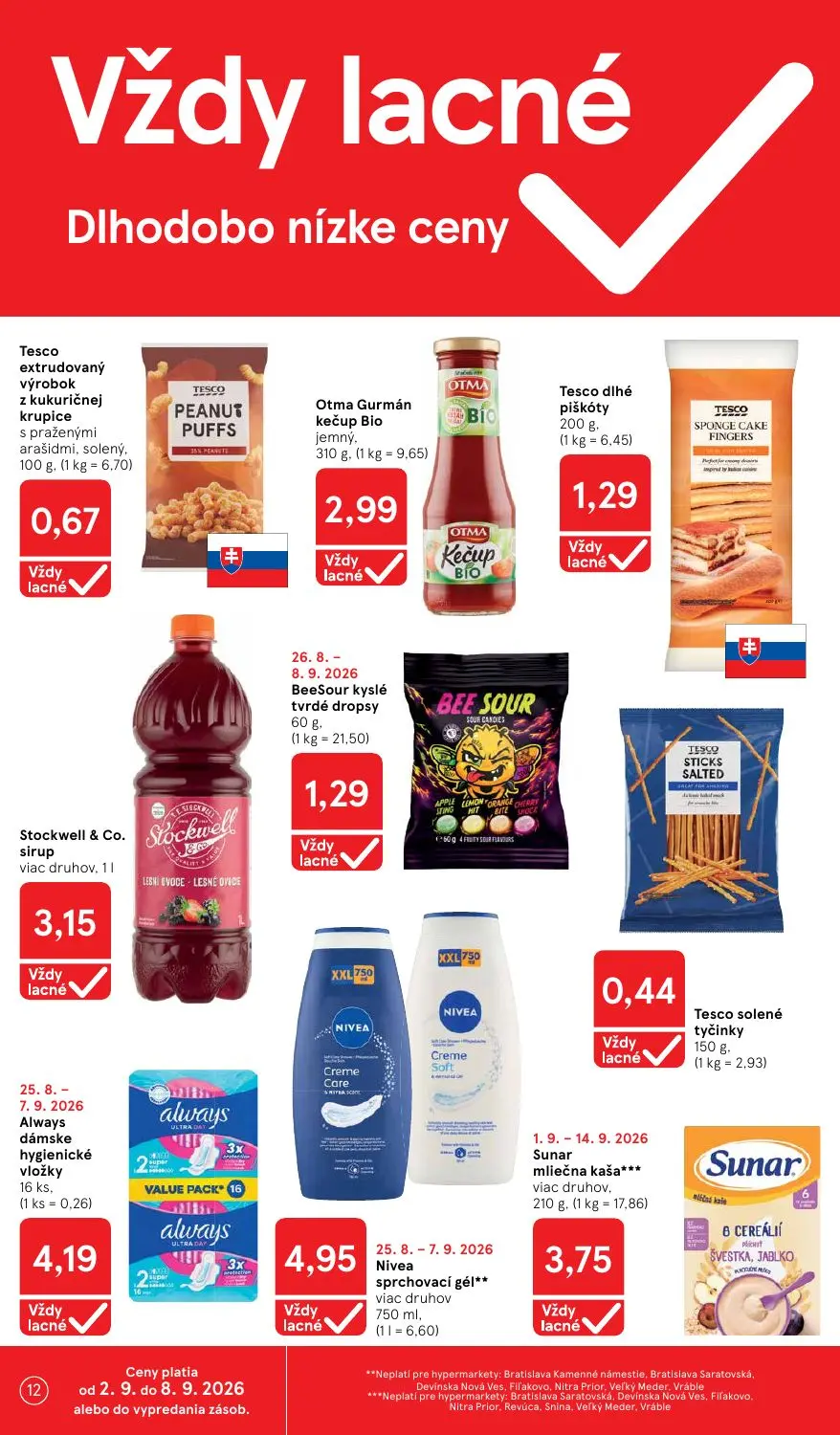 Tesco leták, strana 12 z 41 — Tesco dlhé piškóty, Stockwell & Co. sirup, Always dámske hygienické vložky
