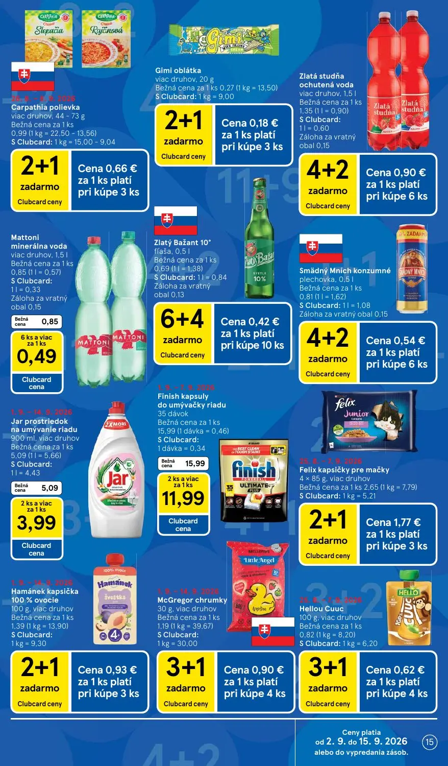 Tesco leták, strana 15 z 41 — Finish kapsuly do umývačky riadu, Jar prostriedok na umývanie riadu, Mattoni minerálna voda