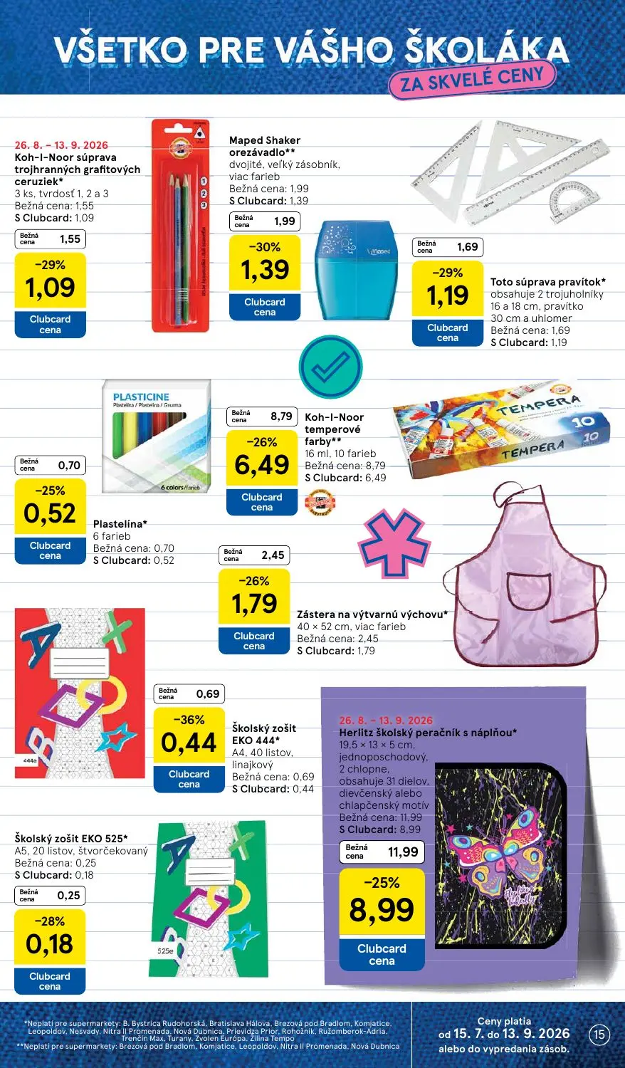 Tesco Supermarket leták, strana 15 z 29 — Herlitz školský peračník s náplňou, Koh-I-Noor temperové farby, Zástera na výtvarn…