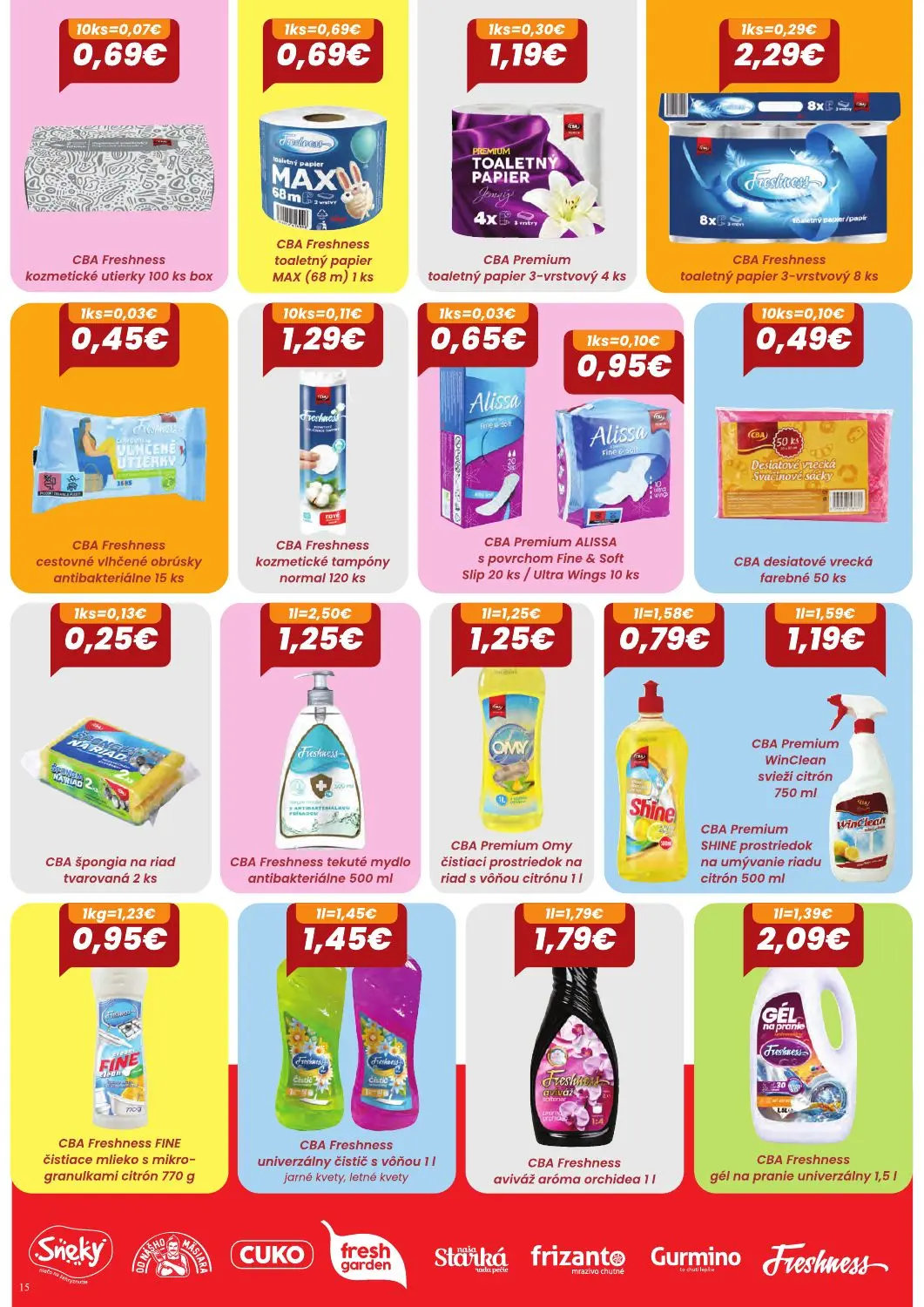 Cba Komfos leták, strana 15 z 24 — CBA Premium ALISSA s povrchom Fine & Soft, CBA Freshness kozmetické utierky, CBA Freshnes…