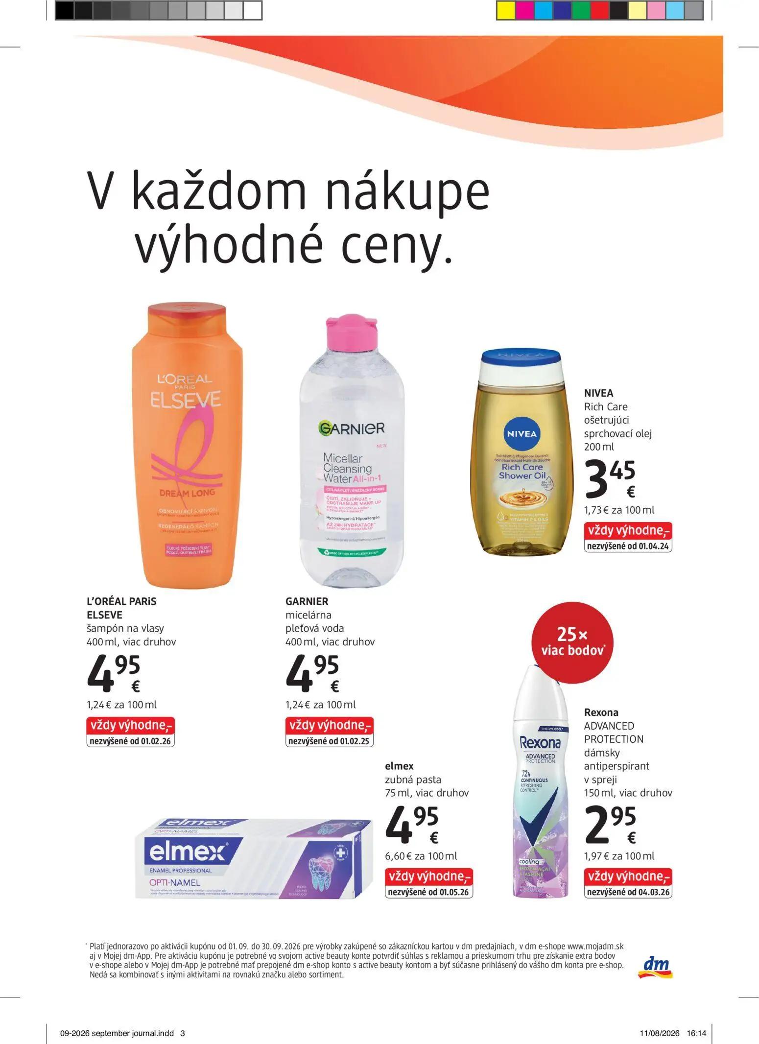 DM Drogerie leták, strana 3 z 32 — L'ORÉAL PARIS ELSEVE šampón na vlasy, GARNIER micelárna pleťová voda, NIVEA Rich Care oše…