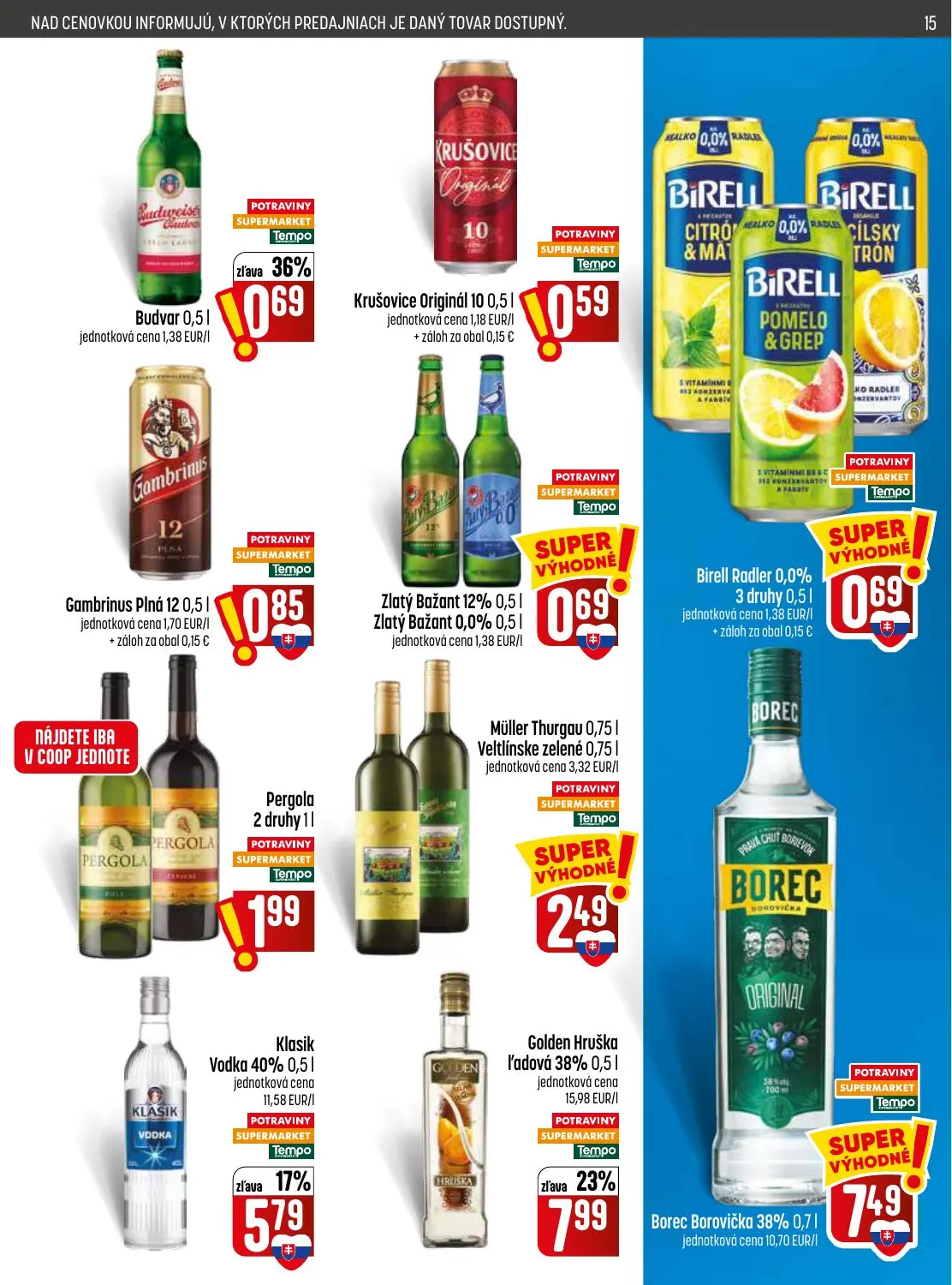 Coop Jednota leták, strana 15 z 32 — Golden Hruška ľadová 38%, Klasik Vodka 40%, Budvar