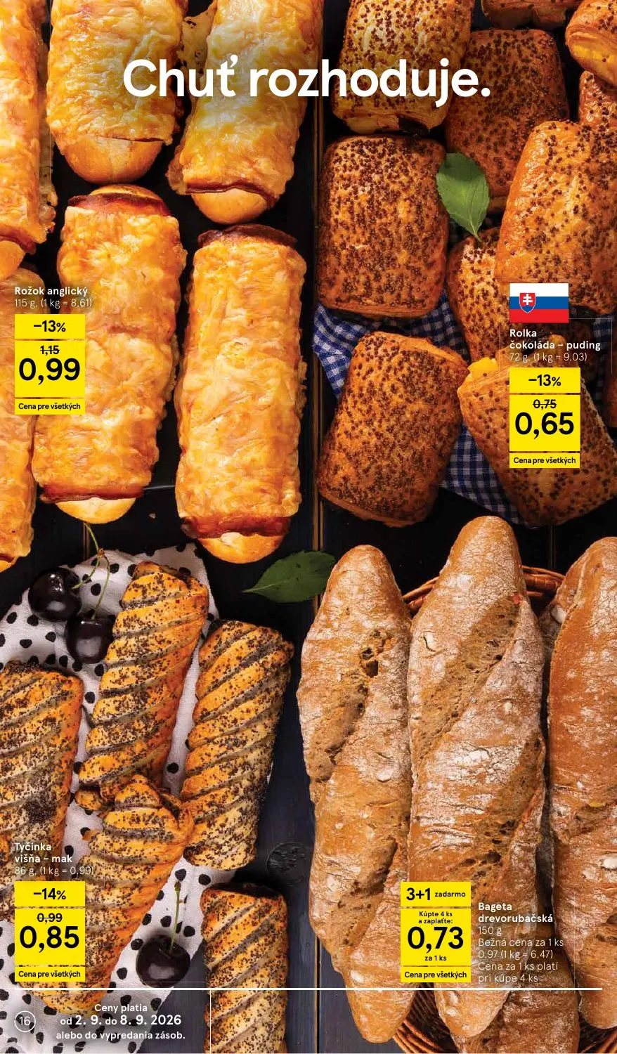 Tesco Supermarket leták, strana 16 z 29 — Rožok anglický, Tyčinka višňa - mak, Rolka čokoláda - puding