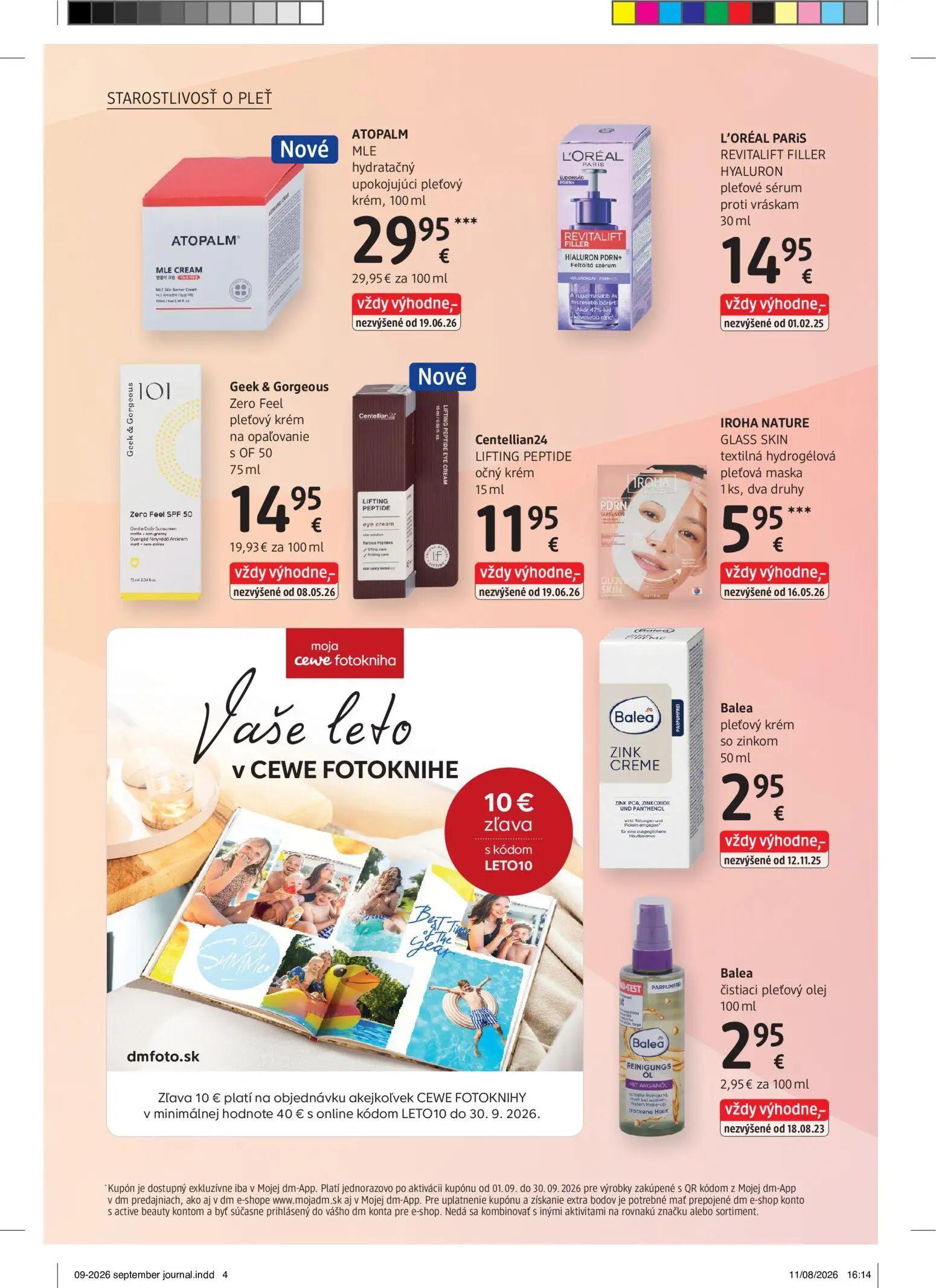 DM Drogerie leták, strana 4 z 32 — ATOPALM MLE hydratačný upokojujúci pleťový krém, L'ORÉAL PARIS REVITALIFT FILLER HYALURON…