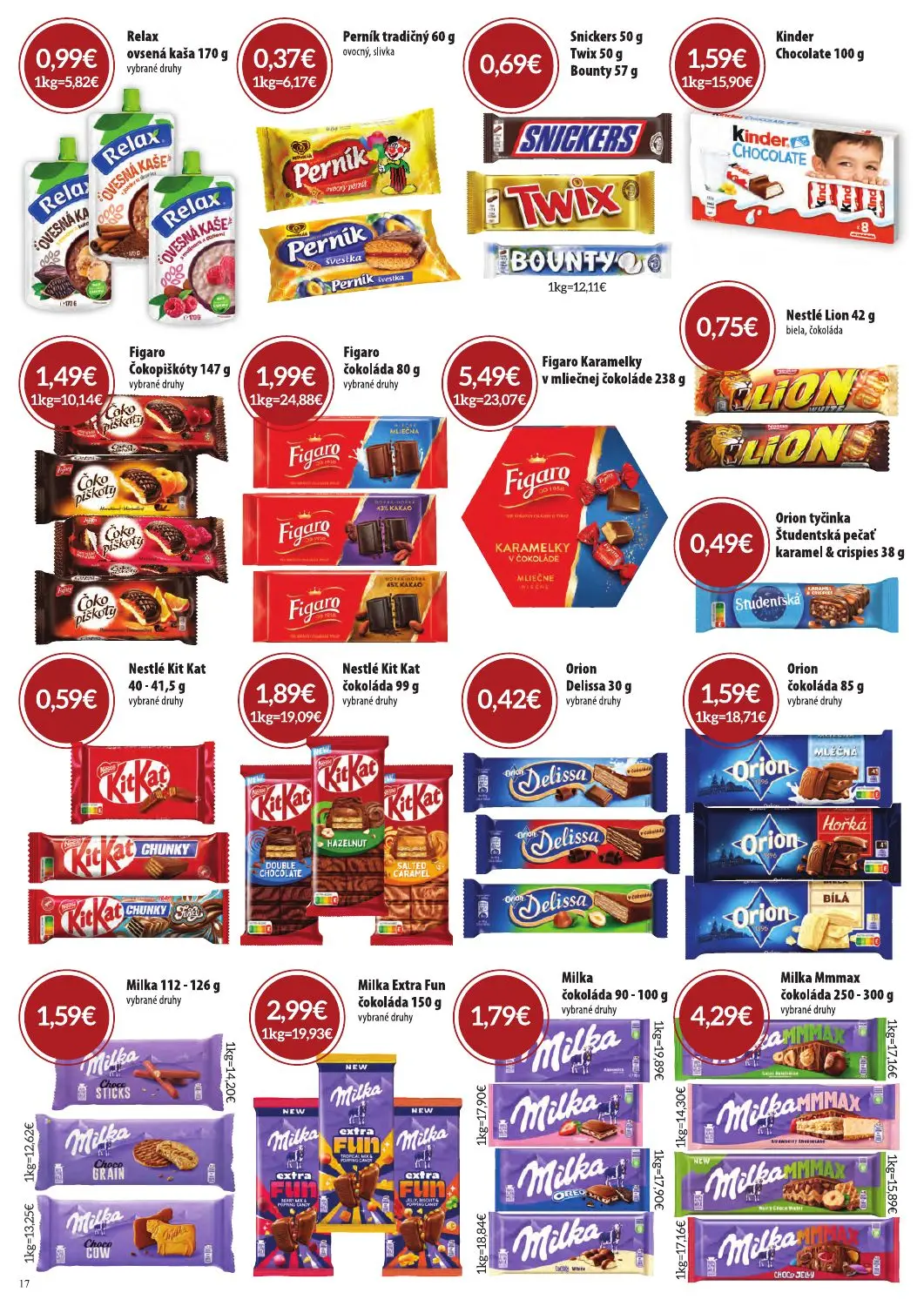 Cba Komfos leták, strana 17 z 24 — Relax ovsená kaša, Perník tradičný, Snickers