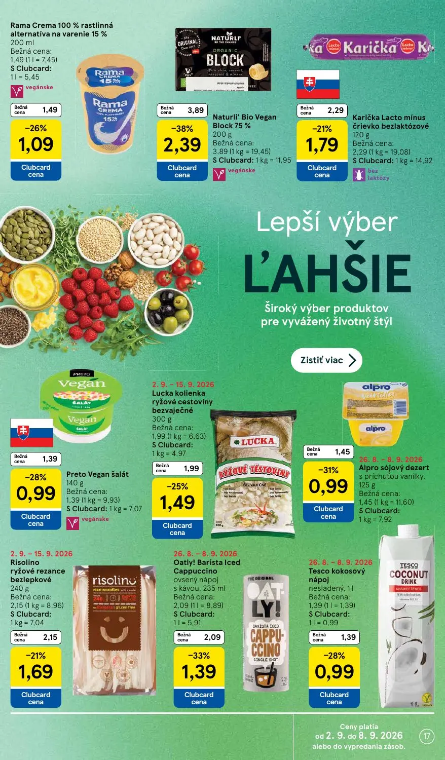 Tesco Supermarket leták, strana 17 z 29 — Naturli' Bio Vegan Block 75%, Oatly! Barista Iced Cappuccino ovsený nápoj s kávou.…