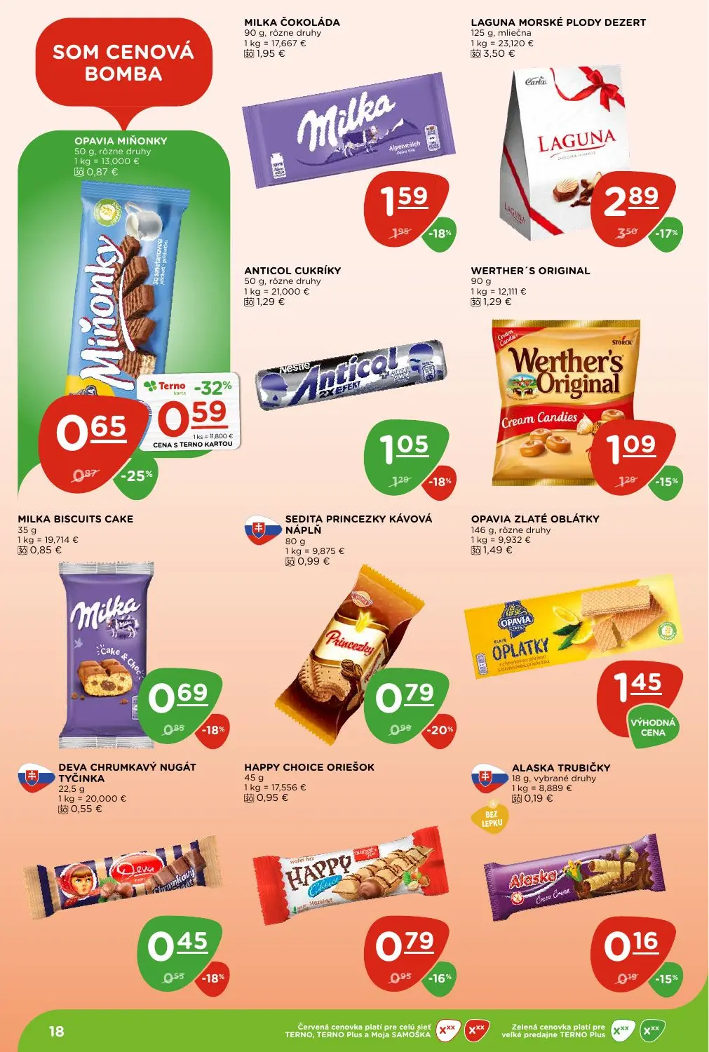 Terno leták, strana 18 z 28 — LAGUNA MORSKÉ PLODY DEZERT, MILKA ČOKOLÁDA, OPAVIA MIÑONKY