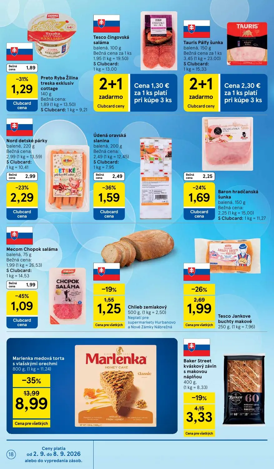 Tesco Supermarket leták, strana 18 z 29 — Marlenka medová torta s vlašskými orechmi, Baker Street kváskový závin s makovou n…
