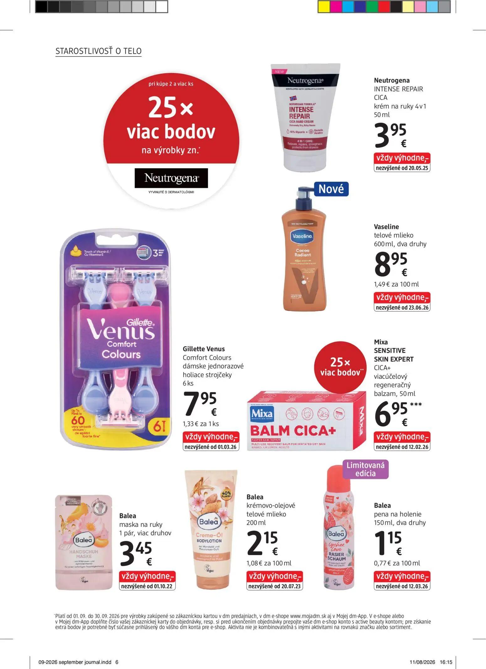 DM Drogerie leták, strana 6 z 32 — Neutrogena INTENSE REPAIR CICA krém na ruky 4v1, Vaseline telové mlieko, Gillette Venus C…