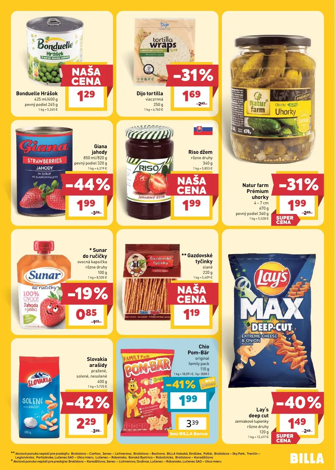 Billa leták, strana 15 z 31 — Slovakia arašidy pražené, solené, nesolené, Chio Pom-Bär original family pack, Lay's deep cut …