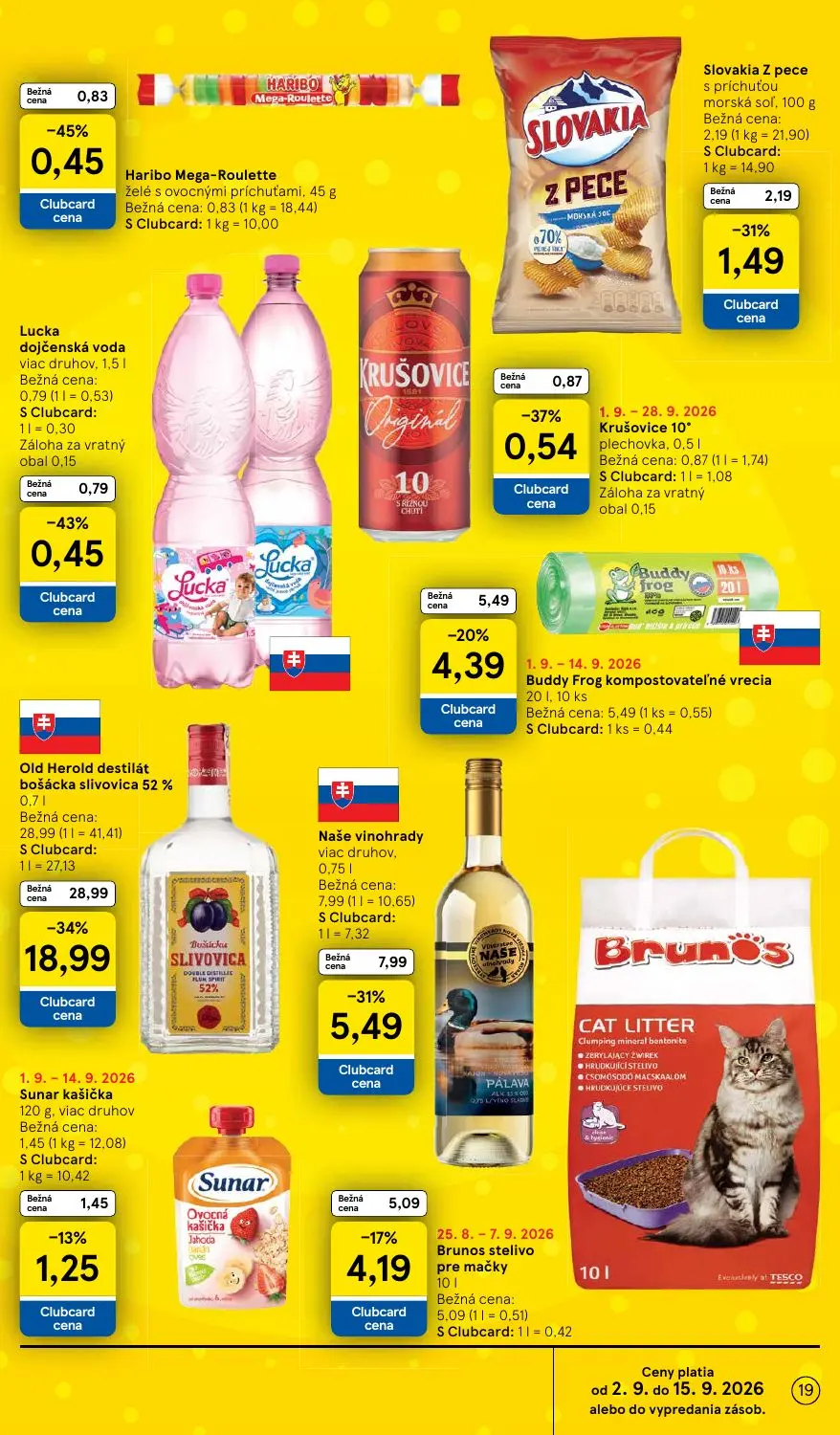 Tesco leták, strana 19 z 41 — Buddy Frog kompostovateľné vrecia, Brunos stelivo pre mačky, Slovakia Z pece s príchuťou morsk…