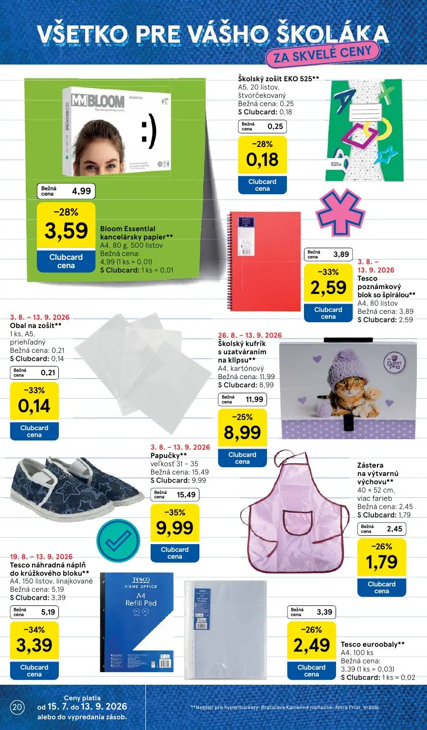 Tesco leták, strana 20 z 41 — Papučky**, Školský kufrík s uzatváraním na klipsu**, Tesco náhradná náplň do krúžkového bloku**