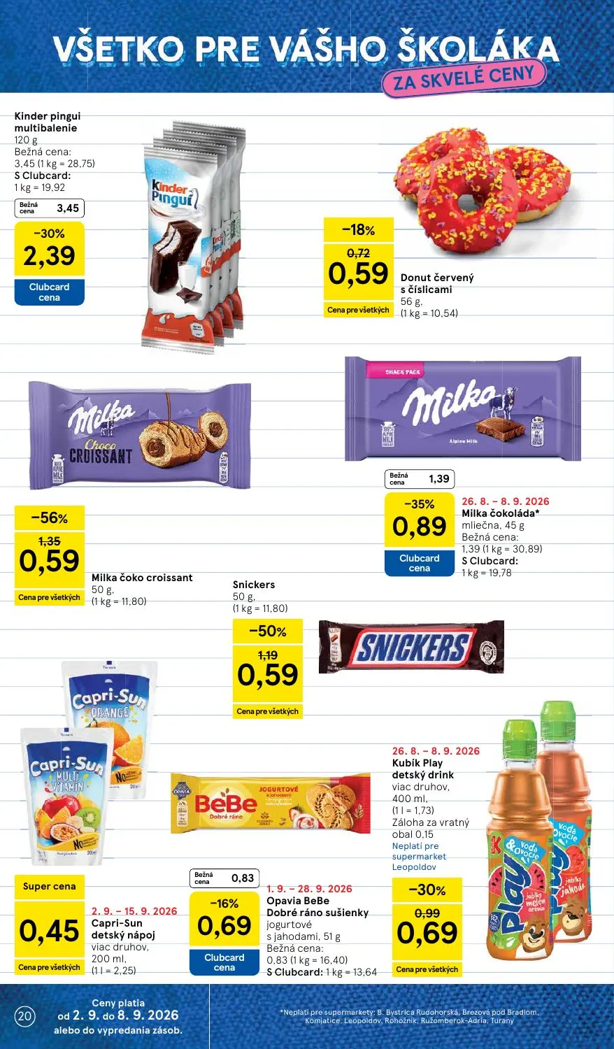 Tesco Supermarket leták, strana 20 z 29 — Kinder pingui multibalenie, Milka čoko croissant, Snickers