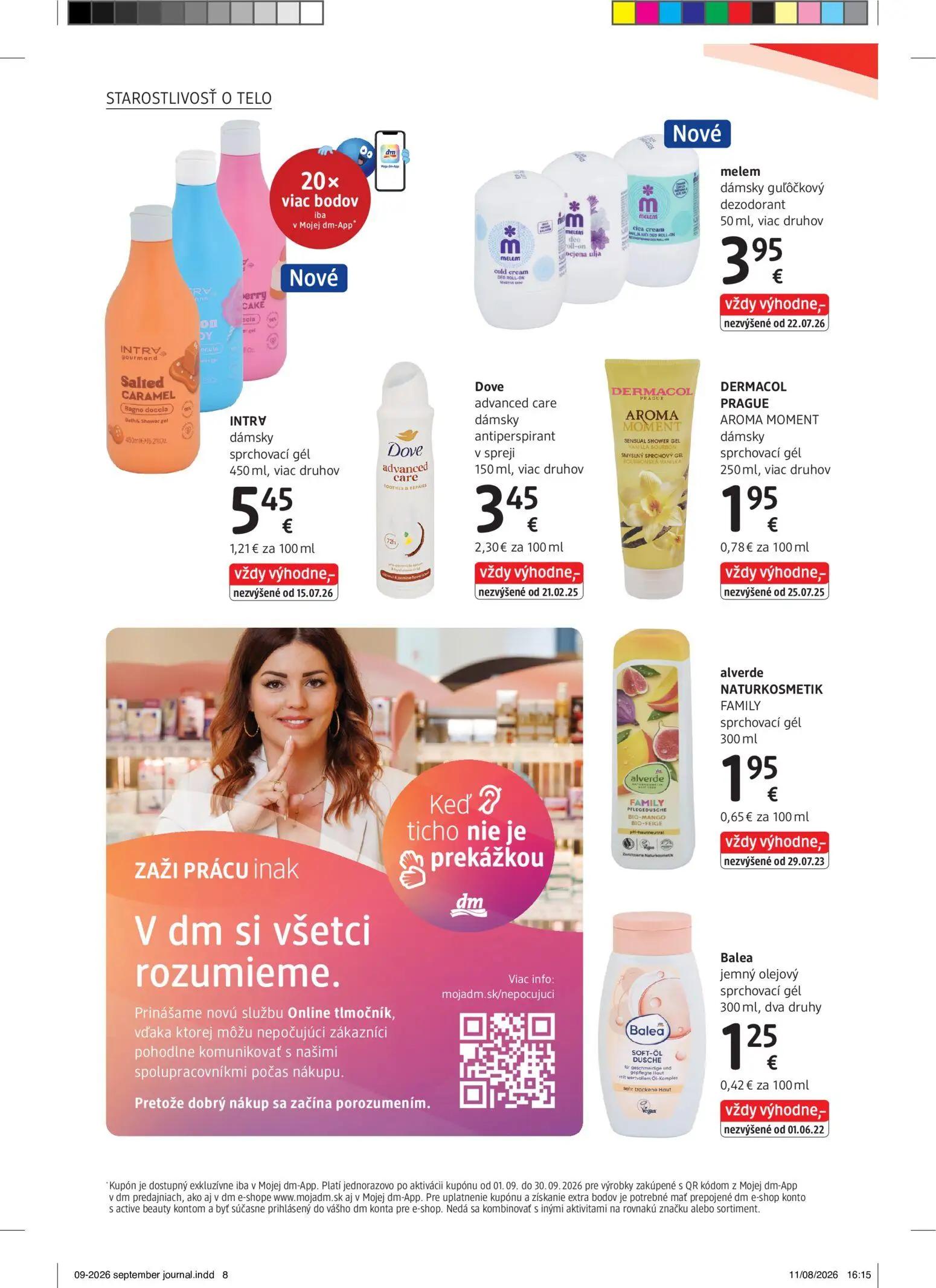 DM Drogerie leták, strana 8 z 32 — melem dámsky guľôčkový dezodorant, INTRV dámsky sprchovací gél, Dove advanced care dámsky…