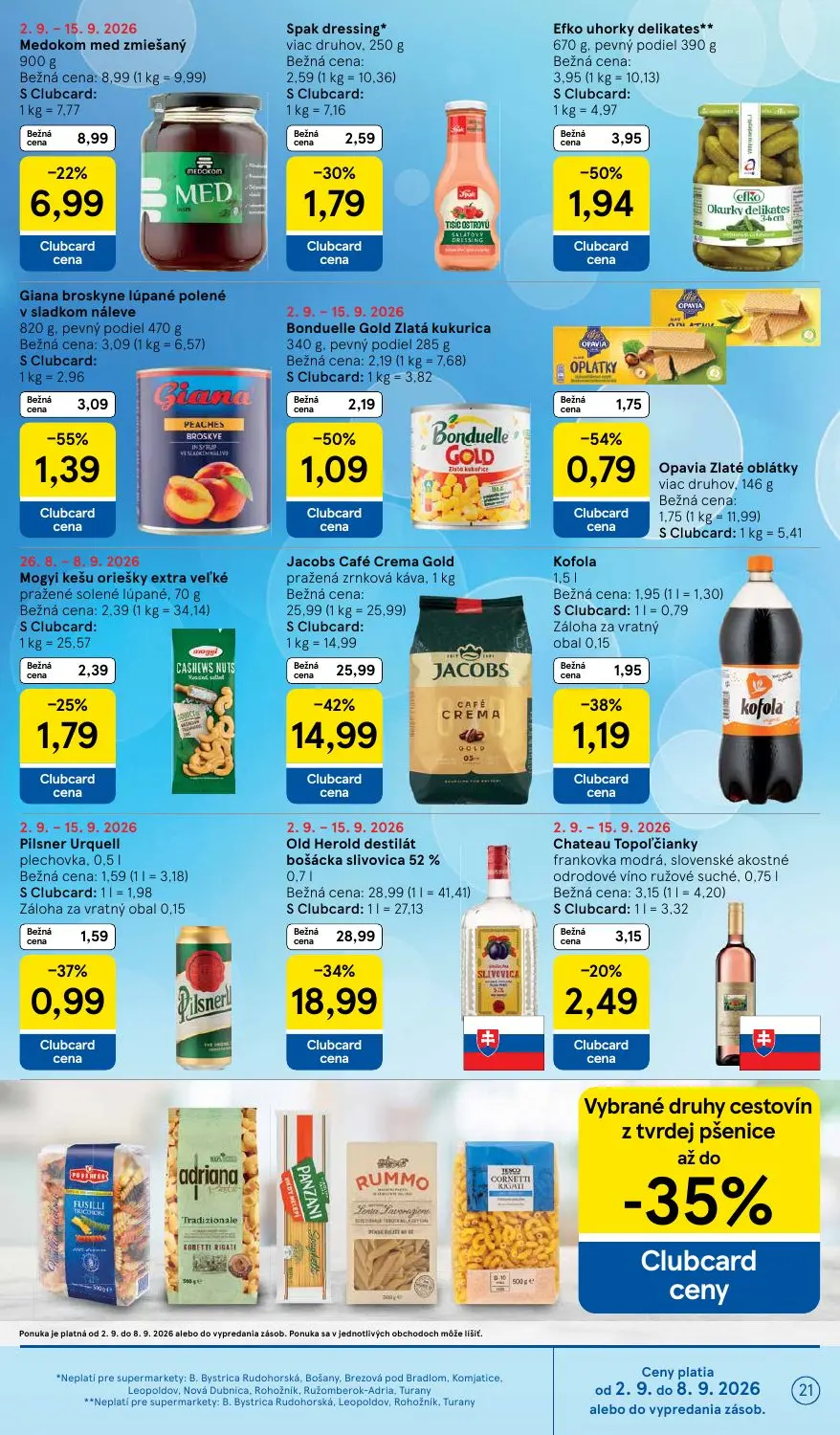 Tesco Supermarket leták, strana 21 z 29 — Jacobs Café Crema Gold pražená zrnková káva, Old Herold destilát bošácka slivovica…