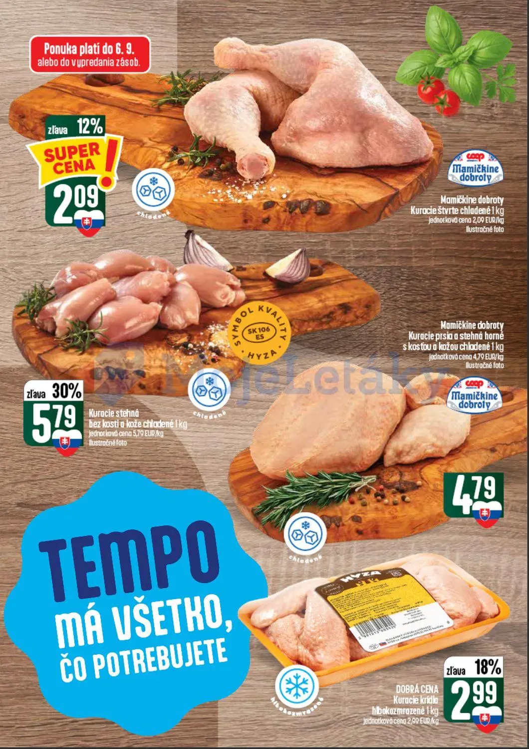 Coop Tempo leták, strana 13 z 60 — Kuracie stehná bez kostí a kože chladené, Kuracie krídla hlbokozmrazené, Kuracie štvrte c…