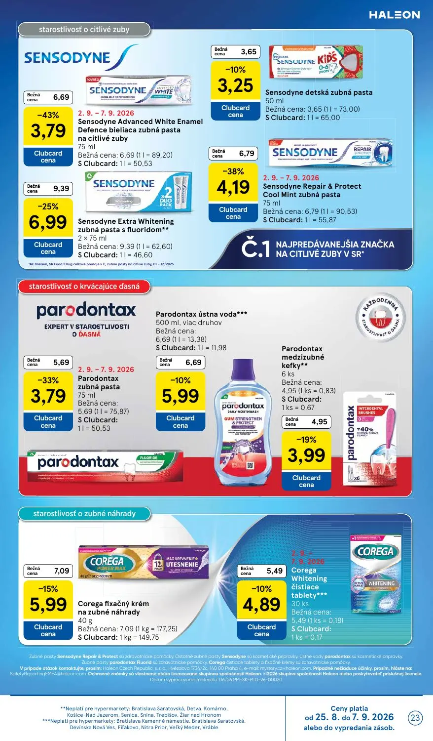 Tesco leták, strana 23 z 41 — Sensodyne Advanced White Enamel Defence bieliaca zubná pasta na citlivé zuby, Sensodyne Repair…