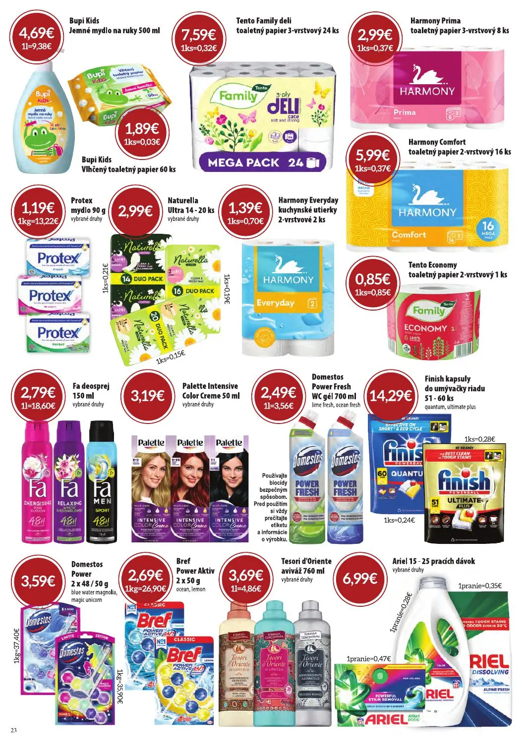 Cba Komfos leták, strana 23 z 24 — Bupi Kids Jemné mydlo na ruky, Tento Family deli toaletný papier 3-vrstvový, Harmony Prim…