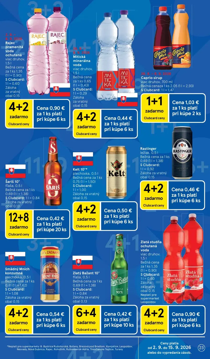 Tesco Supermarket leták, strana 23 z 29 — Caprio sirup, Rajec pramenitá voda ochutená, Zlatá studňa ochutená voda