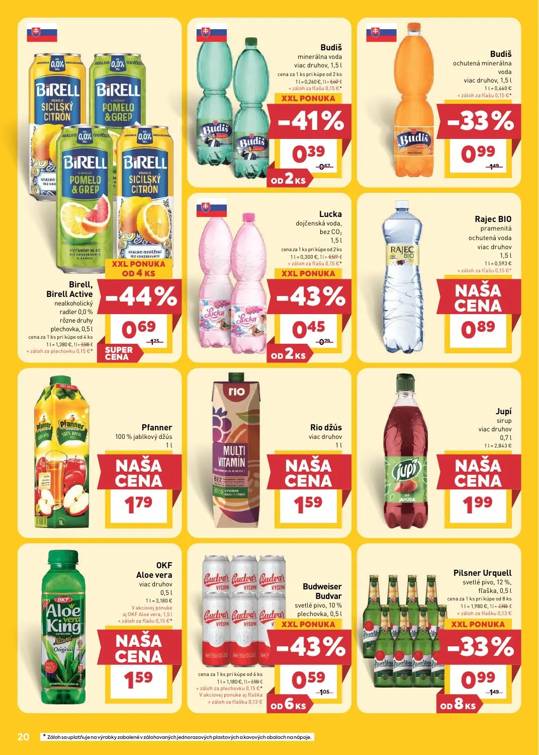 Billa leták, strana 20 z 31 — Birell, Birell Active nealkoholický radler 0,0% rôzne druhy plechovka, Budiš ochutená mineráln…