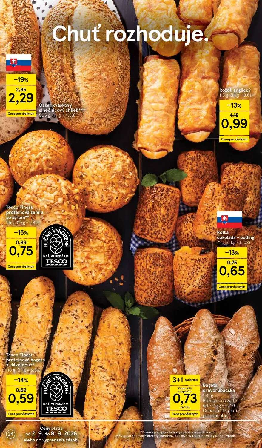 Tesco leták, strana 24 z 41 — Bageta drevorubačská, Rožok anglický, Tesco Finest proteínová žemľa so syrom