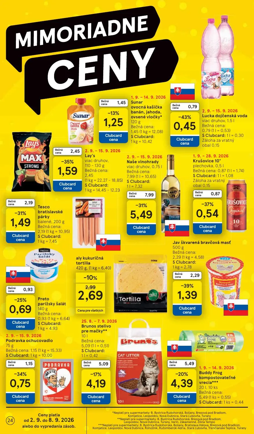 Tesco Supermarket leták, strana 24 z 29 — Naše vinohrady viac druhov, Lucka dojčenská voda viac druhov, Krušovice 10° plecho…