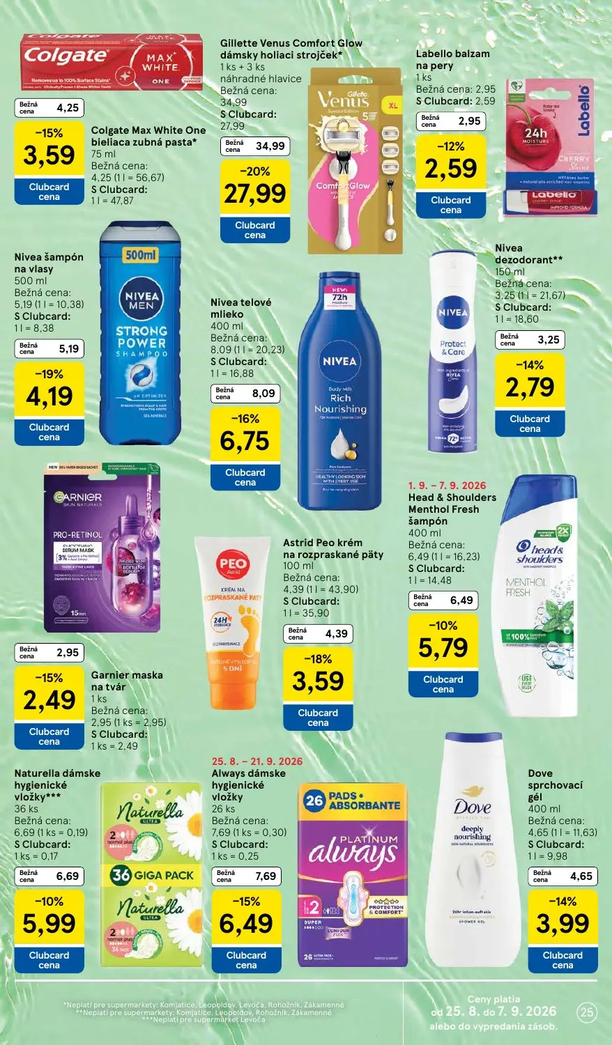 Tesco Supermarket leták, strana 25 z 29 — Gillette Venus Comfort Glow dámsky holiaci strojček*, Nivea telové mlieko, Always …