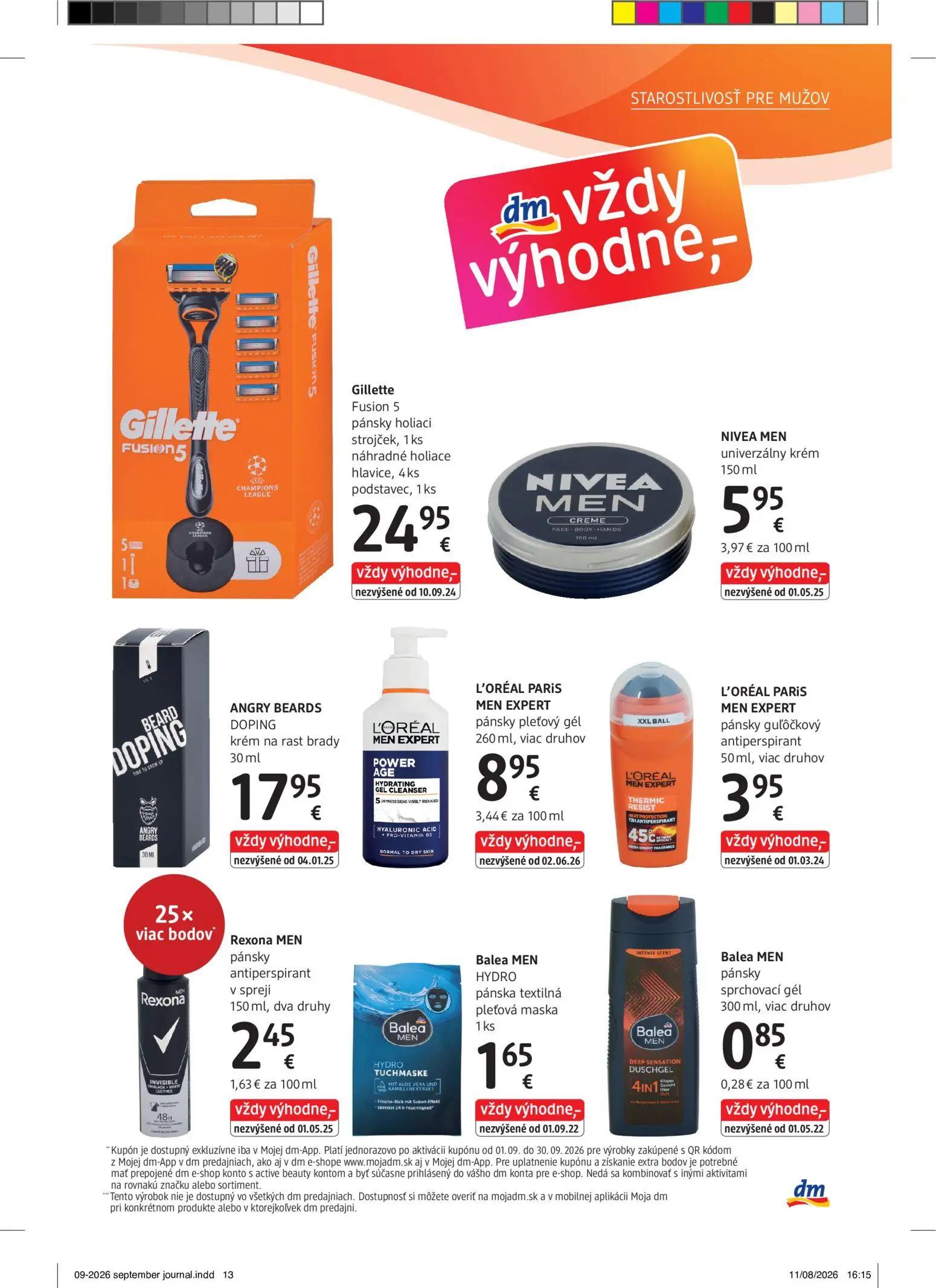 DM Drogerie leták, strana 13 z 32 — Gillette Fusion 5 pánsky holiaci strojček, 1ks náhradné holiace hlavice, 4ks podstavec, …